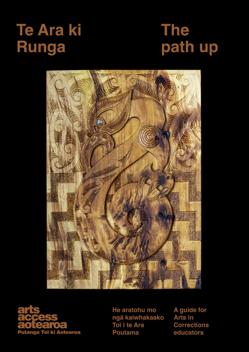 The cover of “Te Ara ki Runga The Path Up”, which includes an image of a carving by Mark Lang